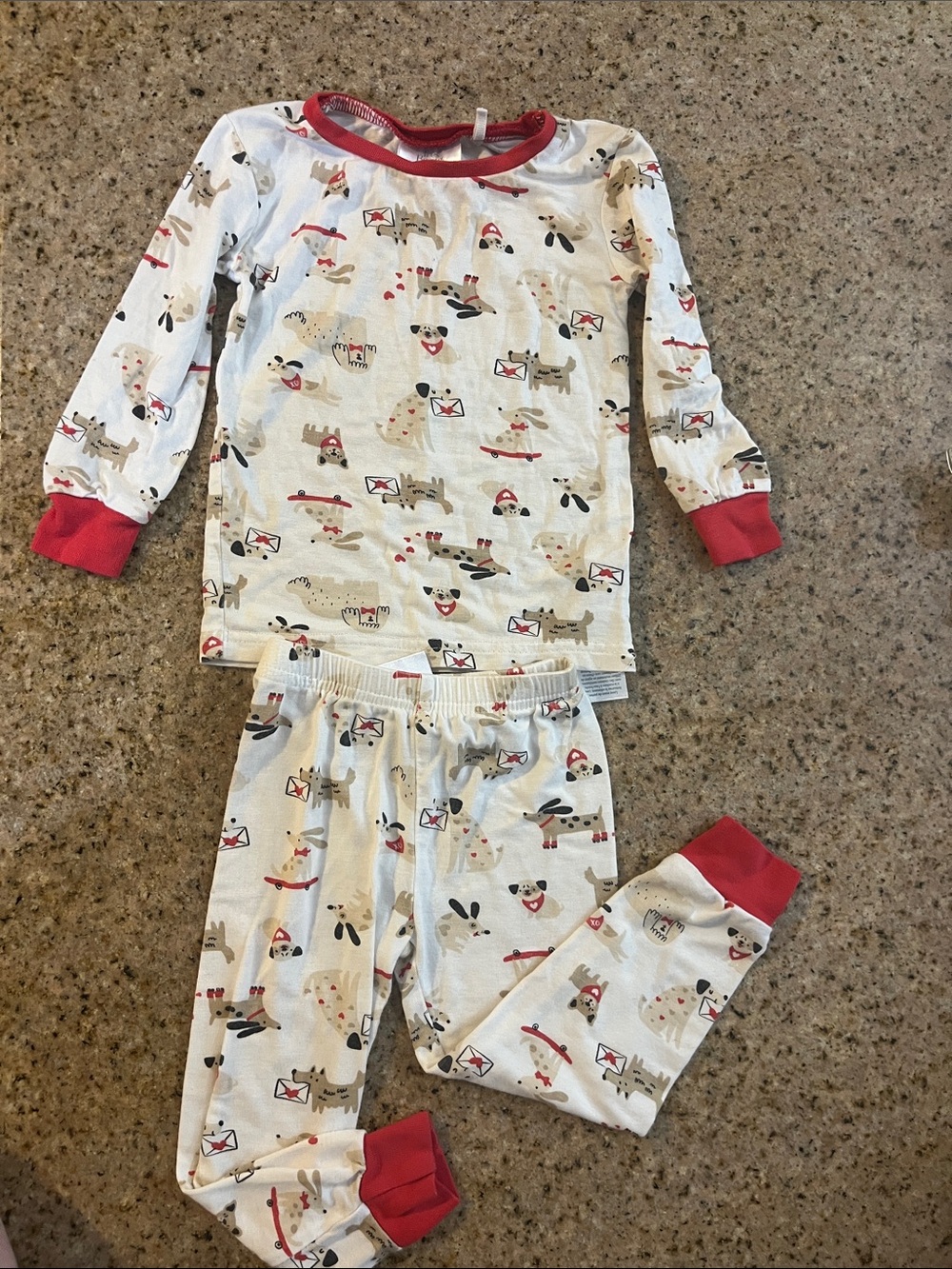 Kids Cream Bamboo Dog-and-Envelope Pajama Set with Red Trim